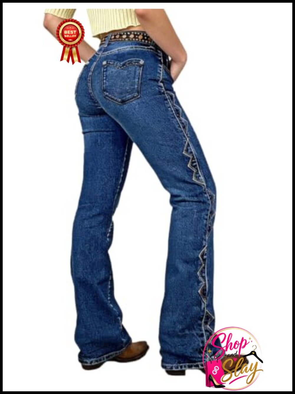 Mid Rise Bootcut Jeans Tummy Control Trim Side Patched Pockets